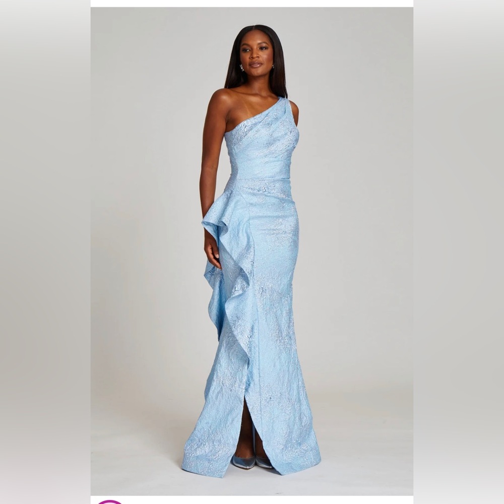 Rickie Freeman Teri Jon Jacquard One Shoulder Side Ruffle Gown NEVER BEEN WORN!